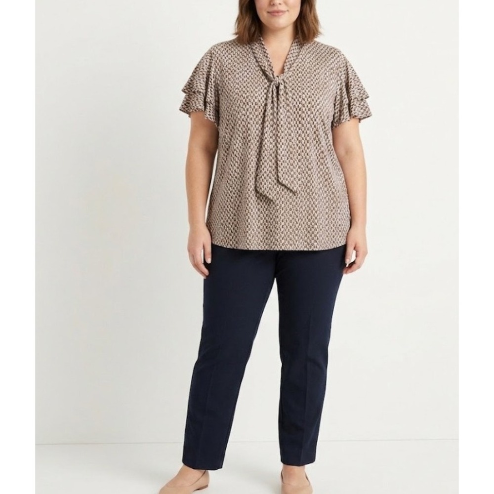 New Adrianna Papell‎ Blouse size 2X Tan Geometric Ruffle Sleeve Tie Neck Preppy